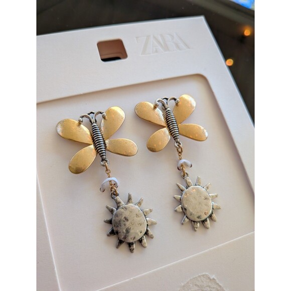 ZARA Earrings Butterfly Sun Contrast Gold Silver Tone Drop Whimsy Statement NEW - Picture 2 of 7